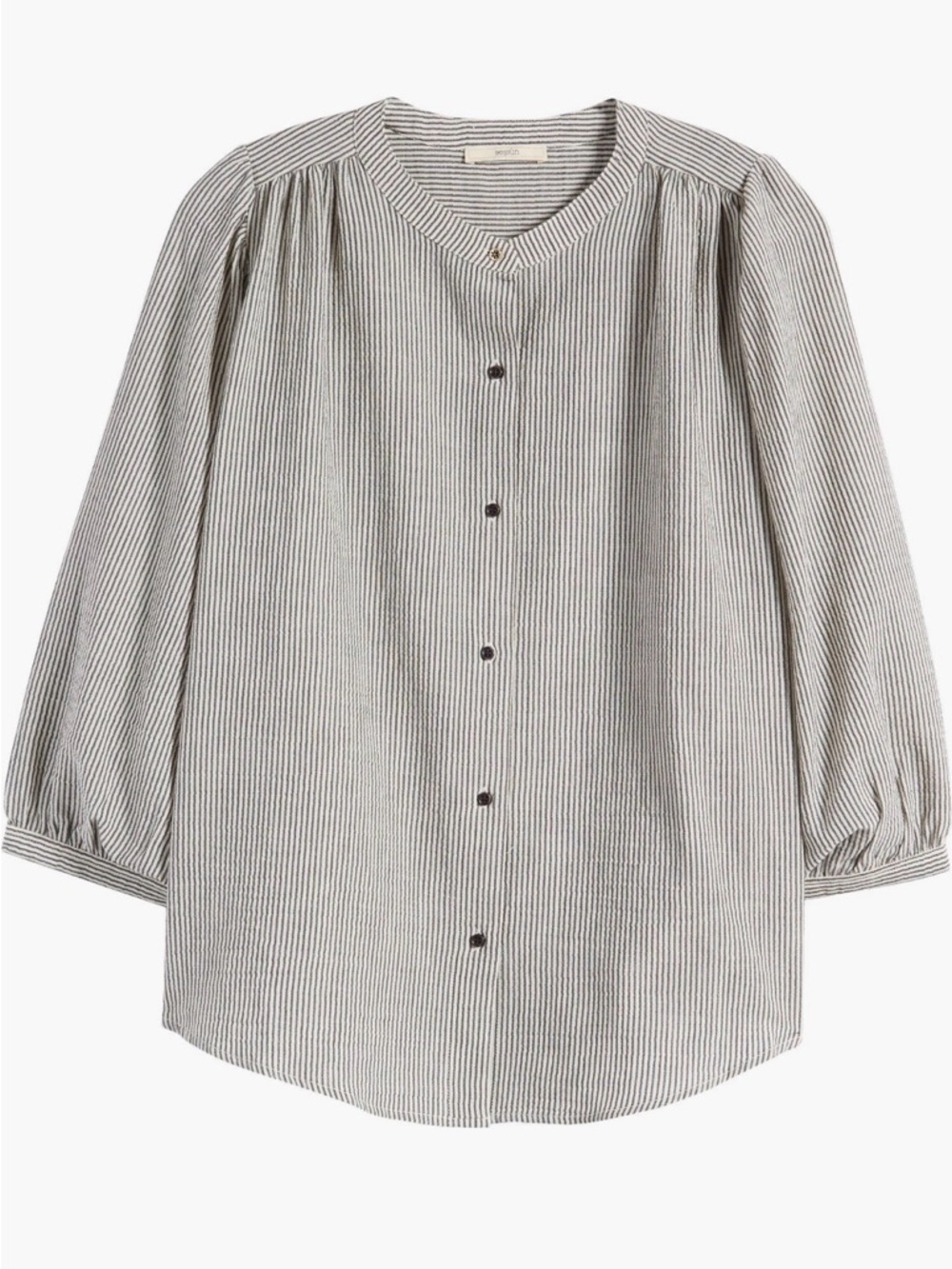 Striped Button-Front Peasant Blouse in Black and White Sessun